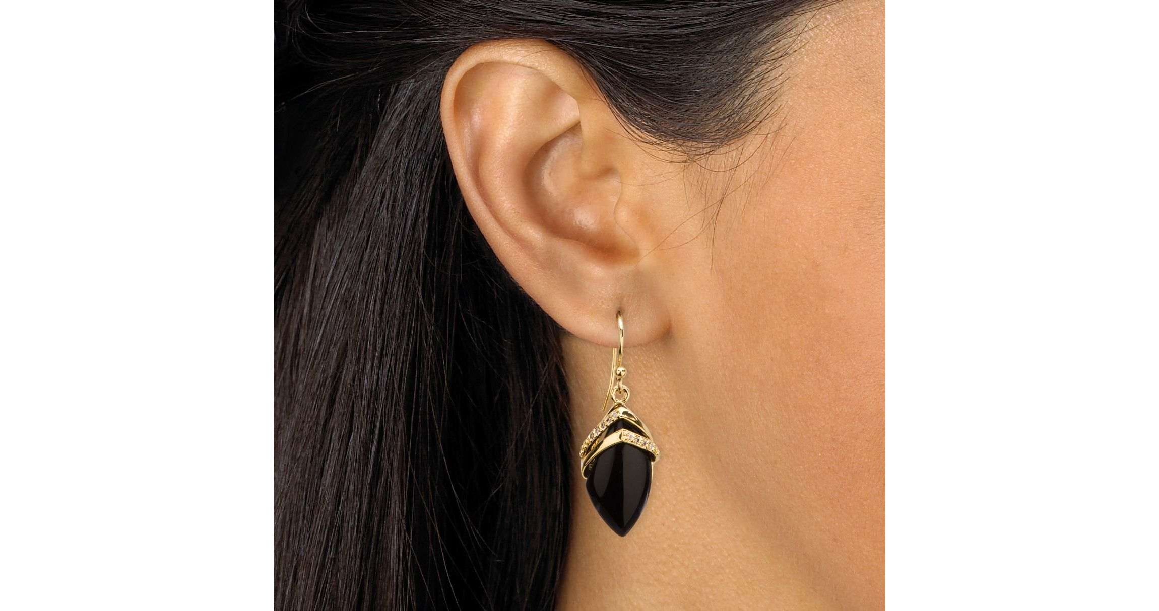 Marquise-Shaped Genuine Onyx Cubic Zirconia Accent 18k Gold-Plated Drop Earrings