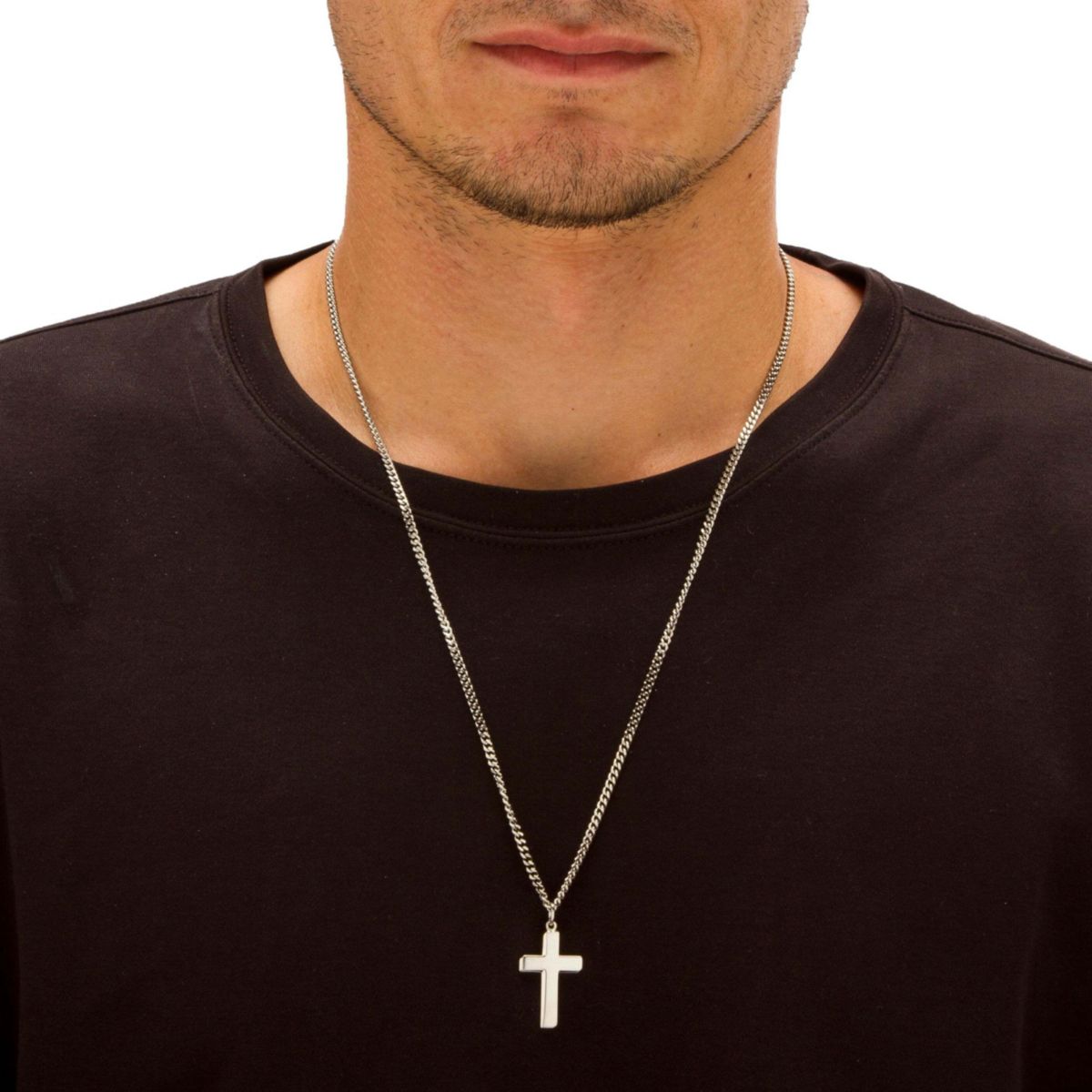 Mens Sterling Silver Cross Pendant and Stainless Steel Chain 24"
