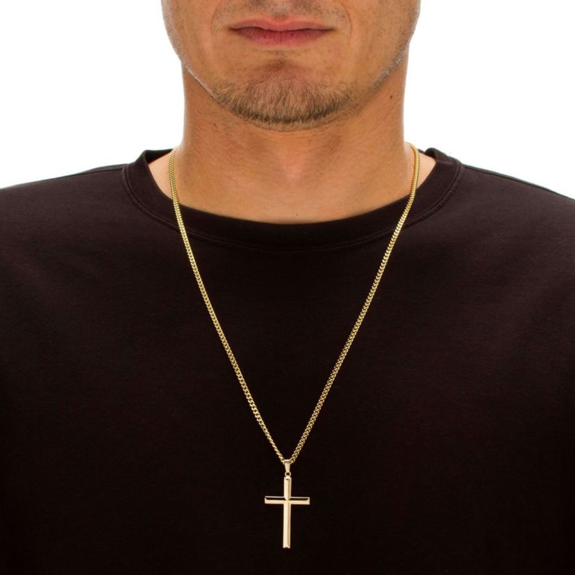 Gold Ion-Plated Stainless Steel Cross Pendant and Chain 24"