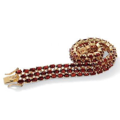 Seta Jewelry 25 TCW Oval Cut Genuine Garnet Triple-Row Tennis Bracelet Gold-Plated 7 1/4"