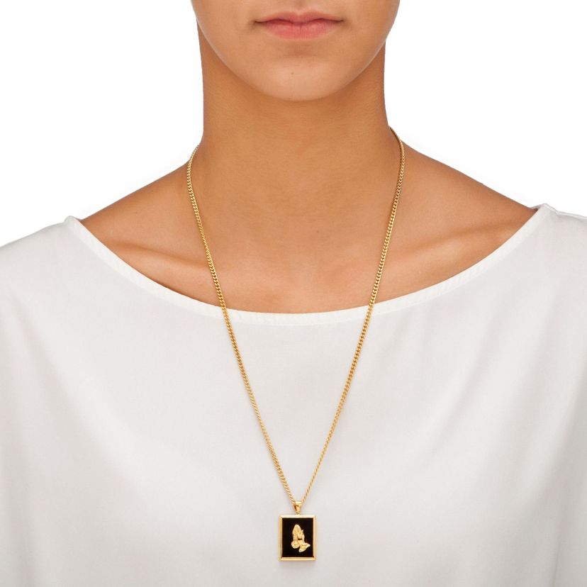 Mens Genuine Black Onyx Gold-Plated Praying Hands Pendant Necklace 22"
