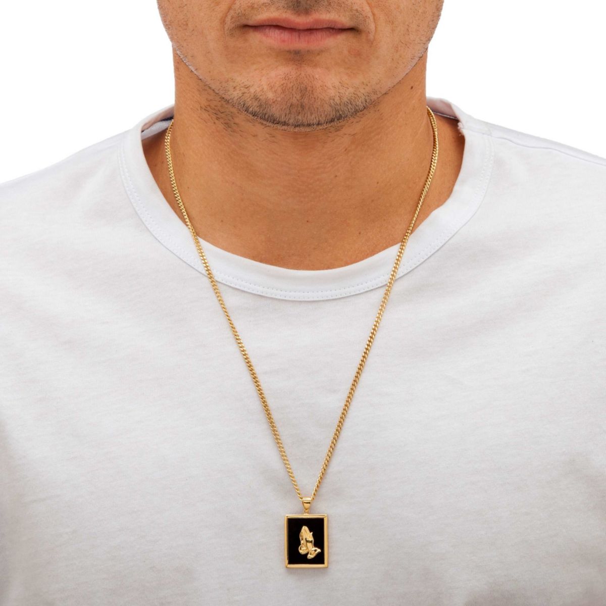 Mens Genuine Black Onyx Gold-Plated Praying Hands Pendant Necklace 22"