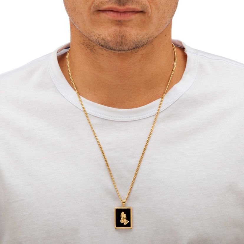 Mens Genuine Black Onyx Gold-Plated Praying Hands Pendant Necklace 22"