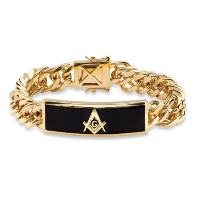 Seta Jewelry Men's Genuine Onyx Masonic Gold-Plated Insignia Curb-Link Bracelet 8 Inch