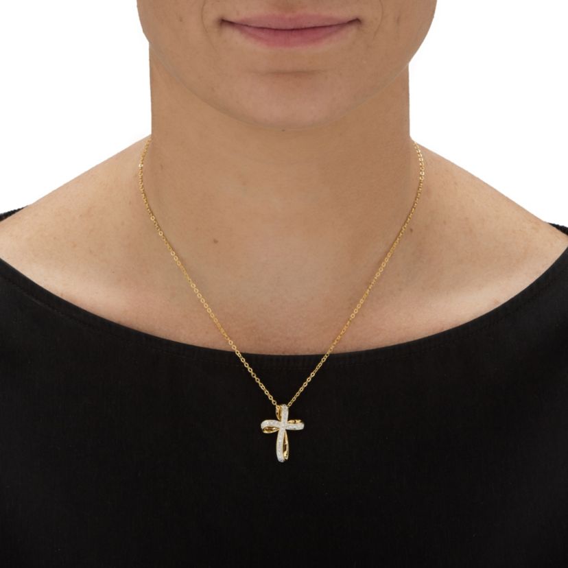 White Diamond Accent Two-Tone 18k Gold-Plated Cross Pendant Necklace 18"