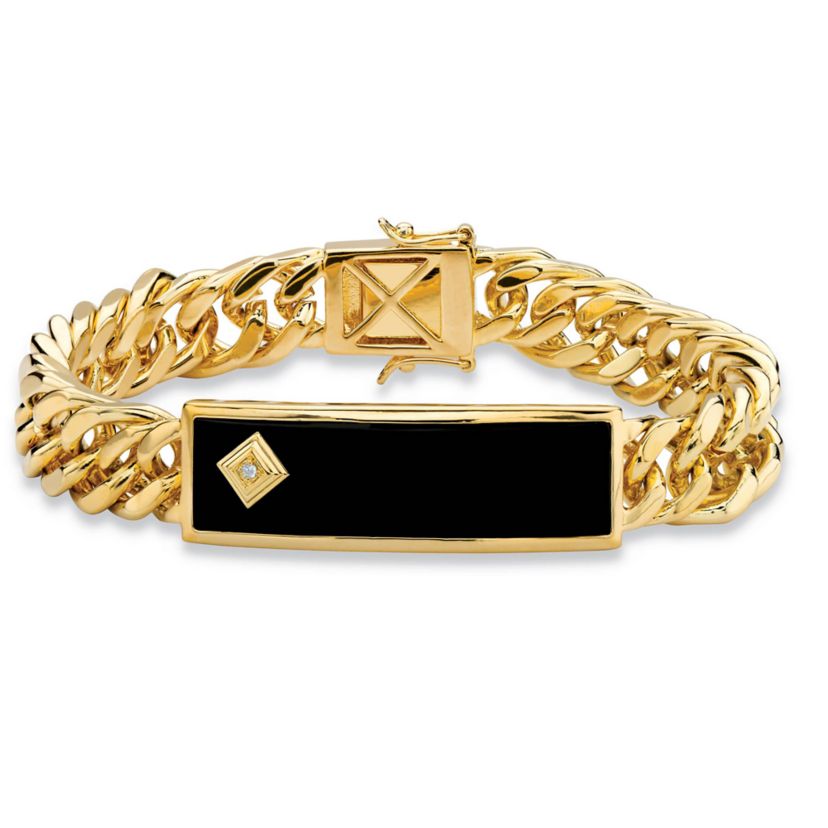 Mens Genuine Onyx and Diamond Accent Gold-Plated Curb-Link Bracelet 8"