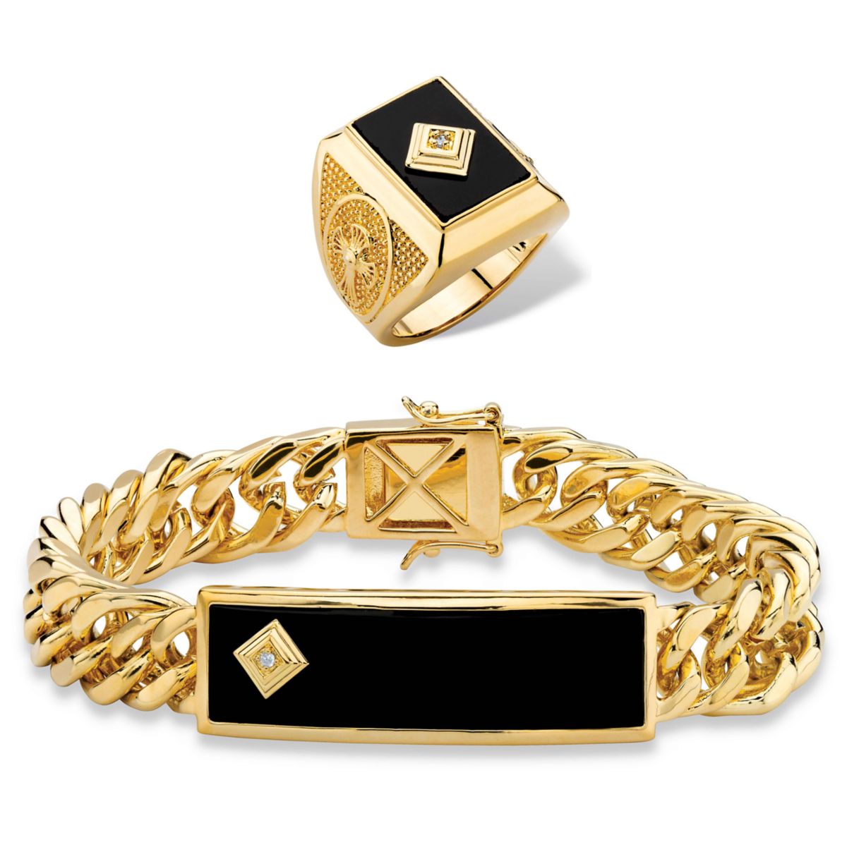 Mens Genuine Onyx and Diamond Accent Gold-Plated Ring and Bracelet Set 8"