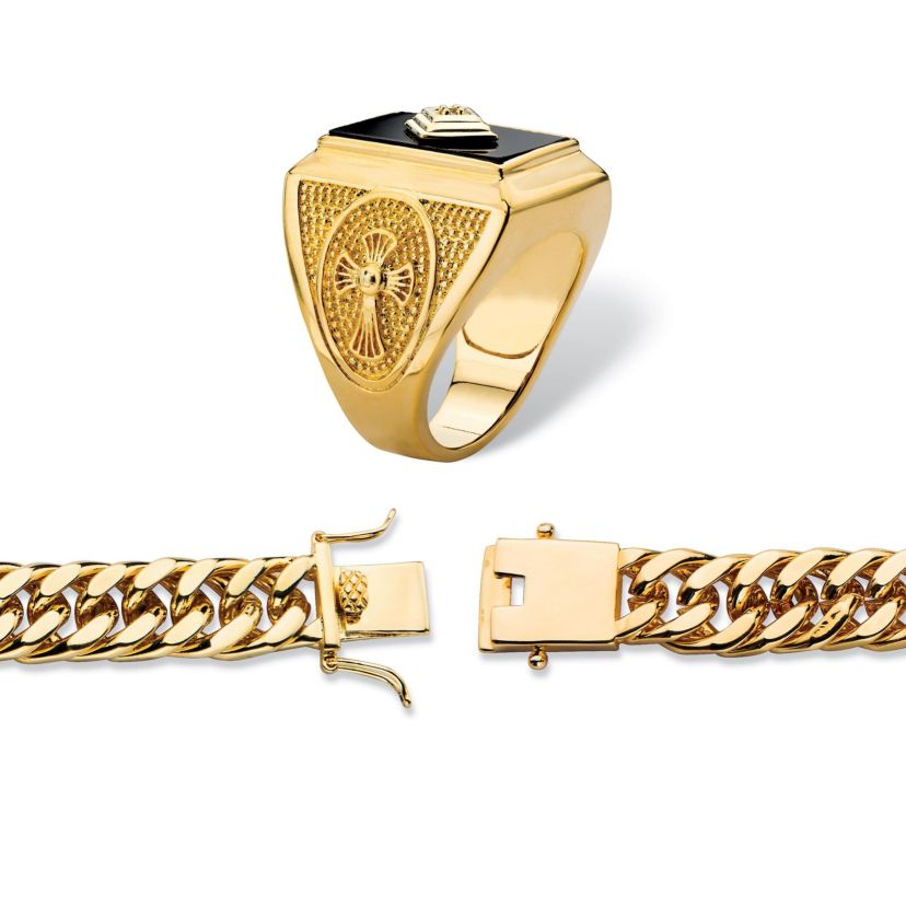 Mens Genuine Onyx and Diamond Accent Gold-Plated Ring and Bracelet Set 8"