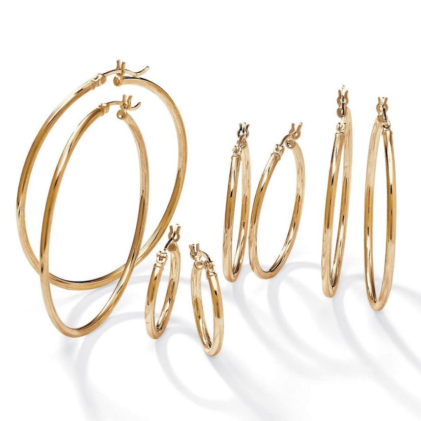 4-Pair Set Gold-Plated Sterling Silver Polished Hoop Earrings