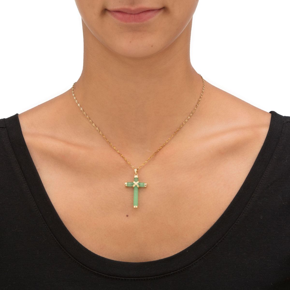 10k Yellow Gold and Genuine Green Jade and Cross Pendant 1.5"