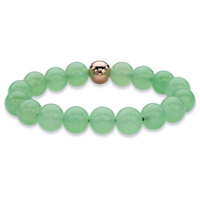 Seta Jewelry Genuine Green Jade and Gold-Plated Beaded Stretch Bracelet 7"