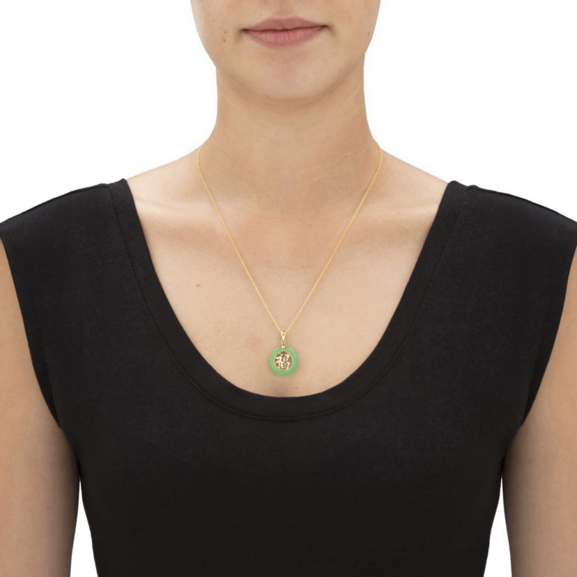 Genuine Green Jade Solid 10k Yellow Gold Round "Blessed" Pendant 3/4"