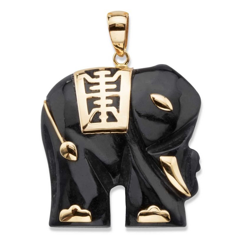 Genuine Black Jade Solid 10k Yellow Gold Elephant Pendant