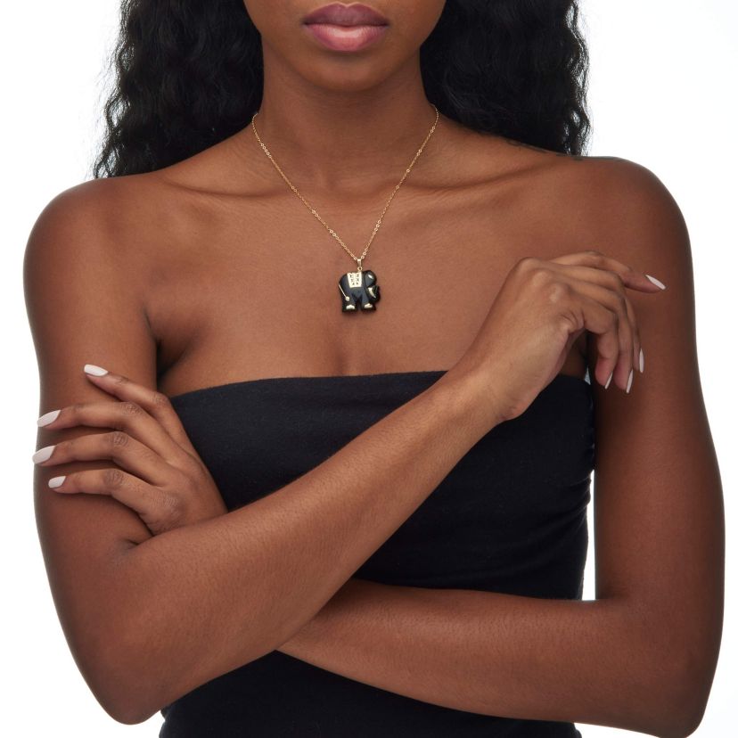 Genuine Black Jade Solid 10k Yellow Gold Elephant Pendant