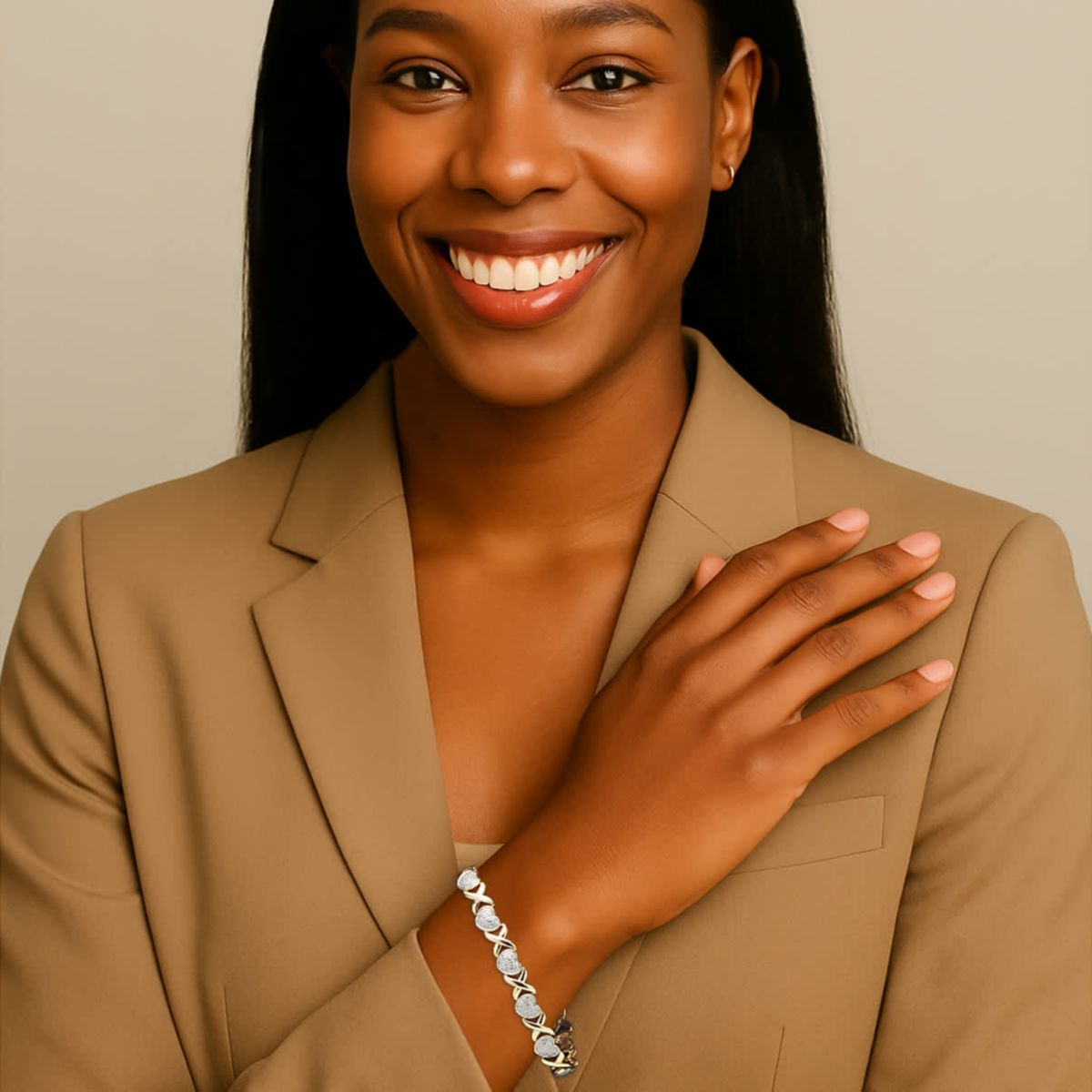 Diamond Accent 18k Gold-Plated Two-Tone Hearts and Kisses Bracelet 7.5"