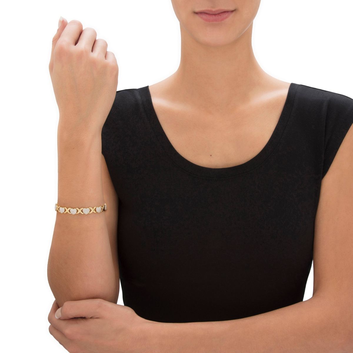 Diamond Accent 18k Gold-Plated Two-Tone Hearts and Kisses Bracelet 7.5"