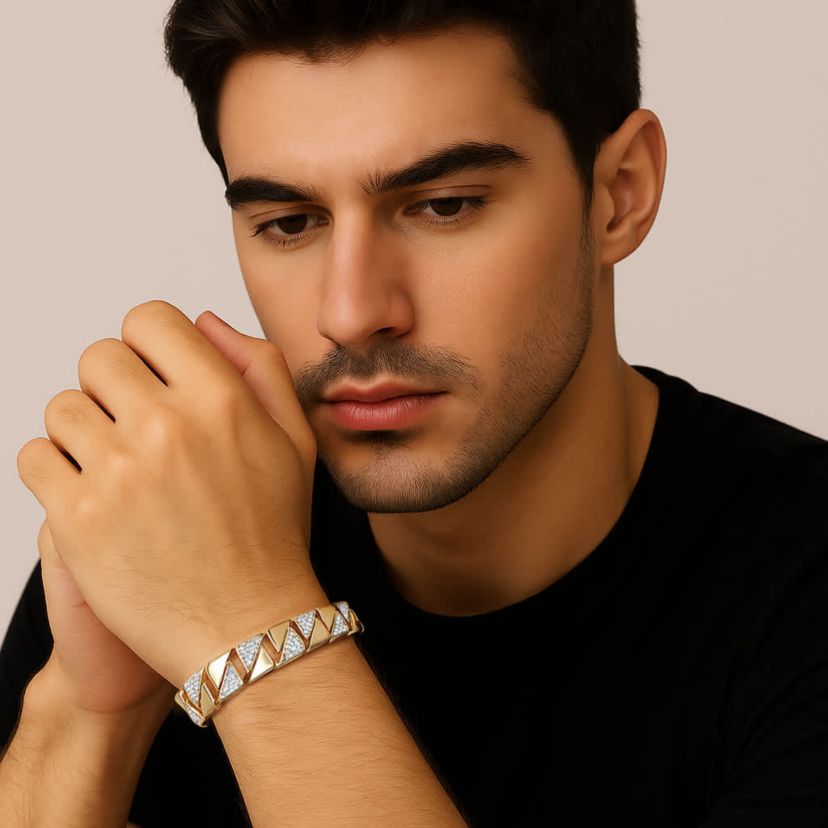 Mens Diamond Accent 18k Gold-Plated Two-Tone Interlocking-Link Bracelet 8.5"