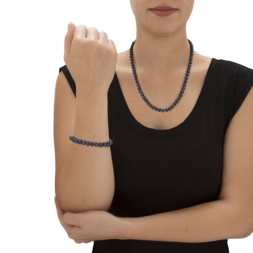 Genuine Black Cultured Pearl Silvertone Earring, Necklace and Bracelet Set 18"