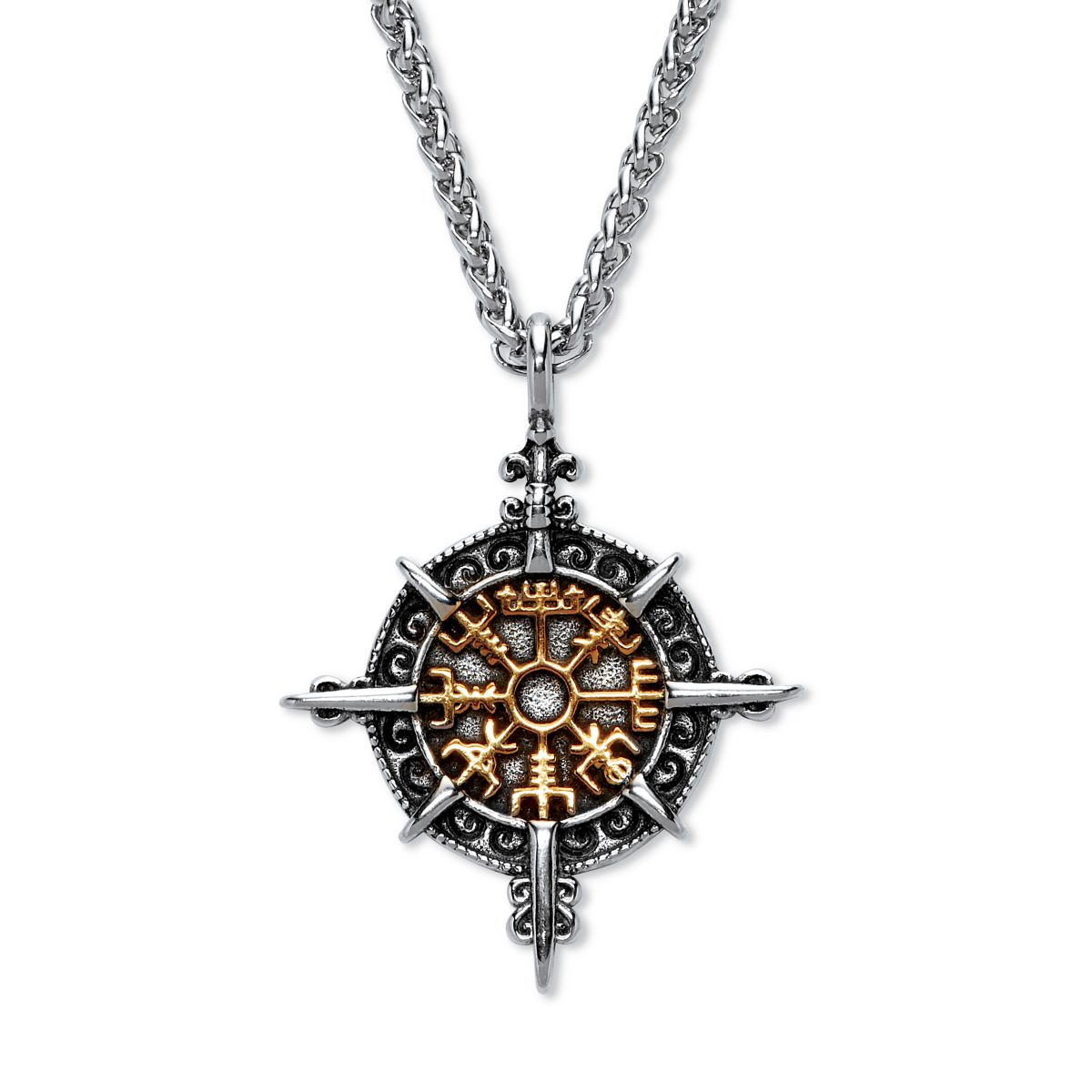 Mens Yellow Gold Ion-Plated Stainless Steel Viking Compass Pendant Necklace