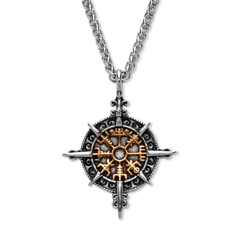 Mens Yellow Gold Ion-Plated Stainless Steel Viking Compass Pendant Necklace