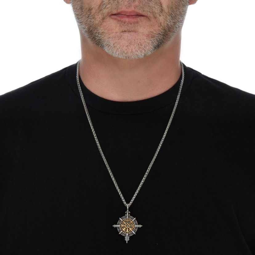 Mens Yellow Gold Ion-Plated Stainless Steel Viking Compass Pendant Necklace