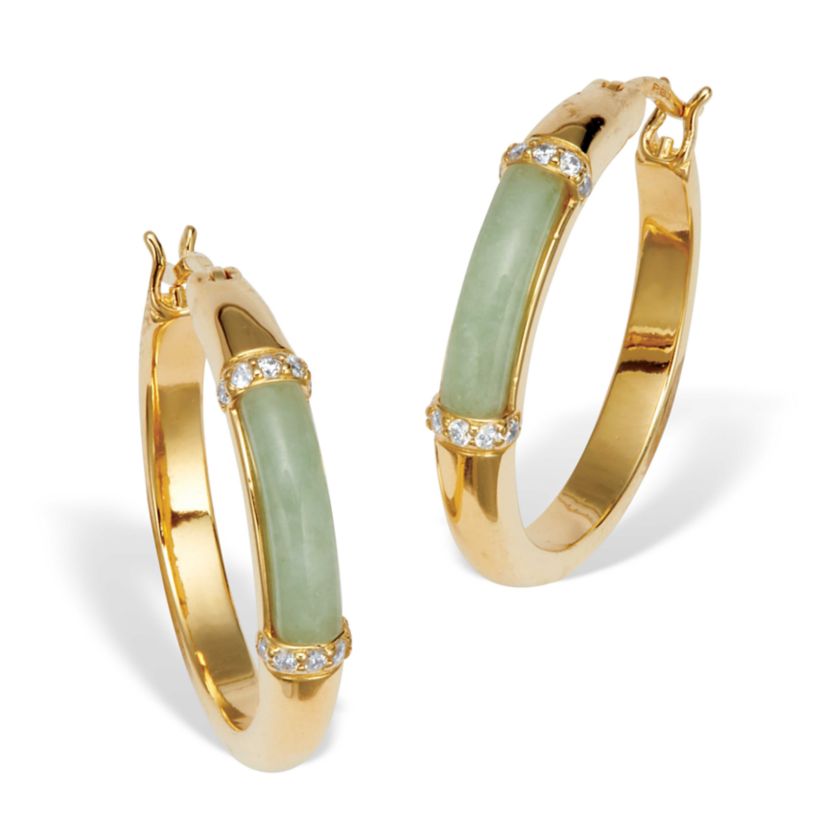 .18 TCW CZ Cabochon Cut Genuine Green Jade 18k Yellow Gold-plated Hoop Earrings