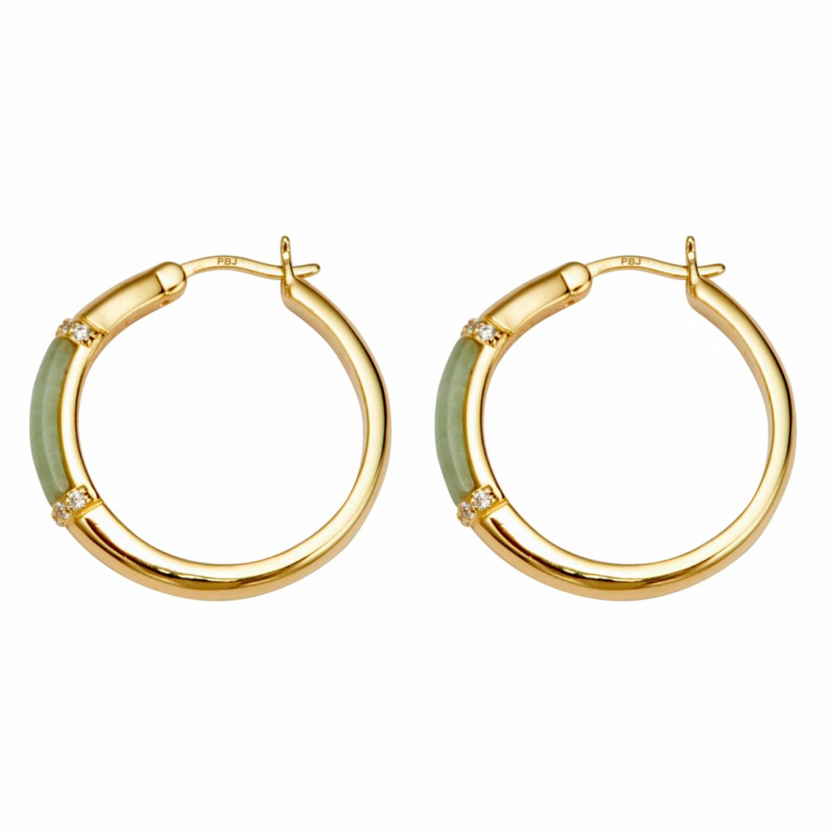 .18 TCW CZ Cabochon Cut Genuine Green Jade 18k Yellow Gold-plated Hoop Earrings