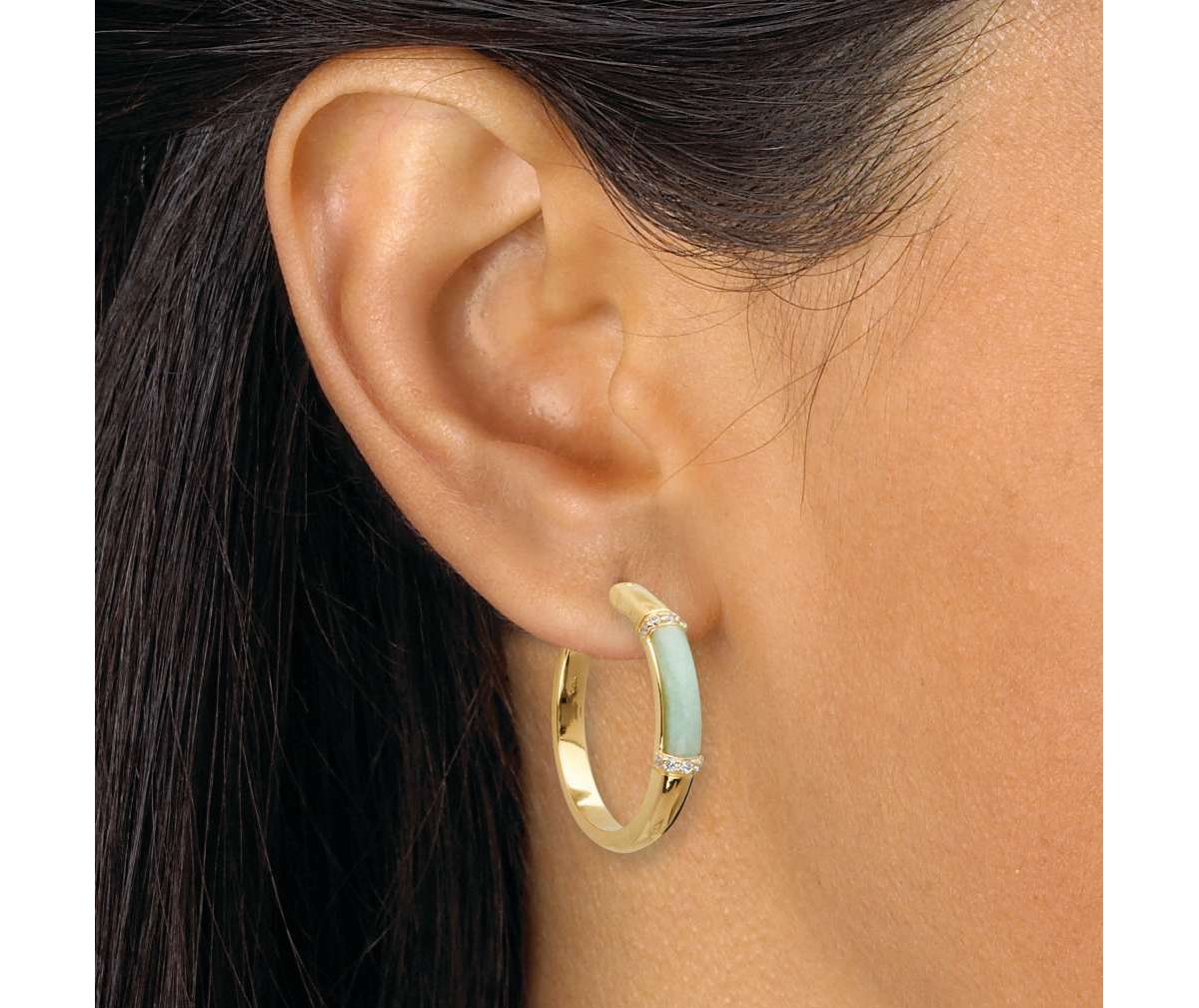 .18 TCW CZ Cabochon Cut Genuine Green Jade 18k Yellow Gold-plated Hoop Earrings