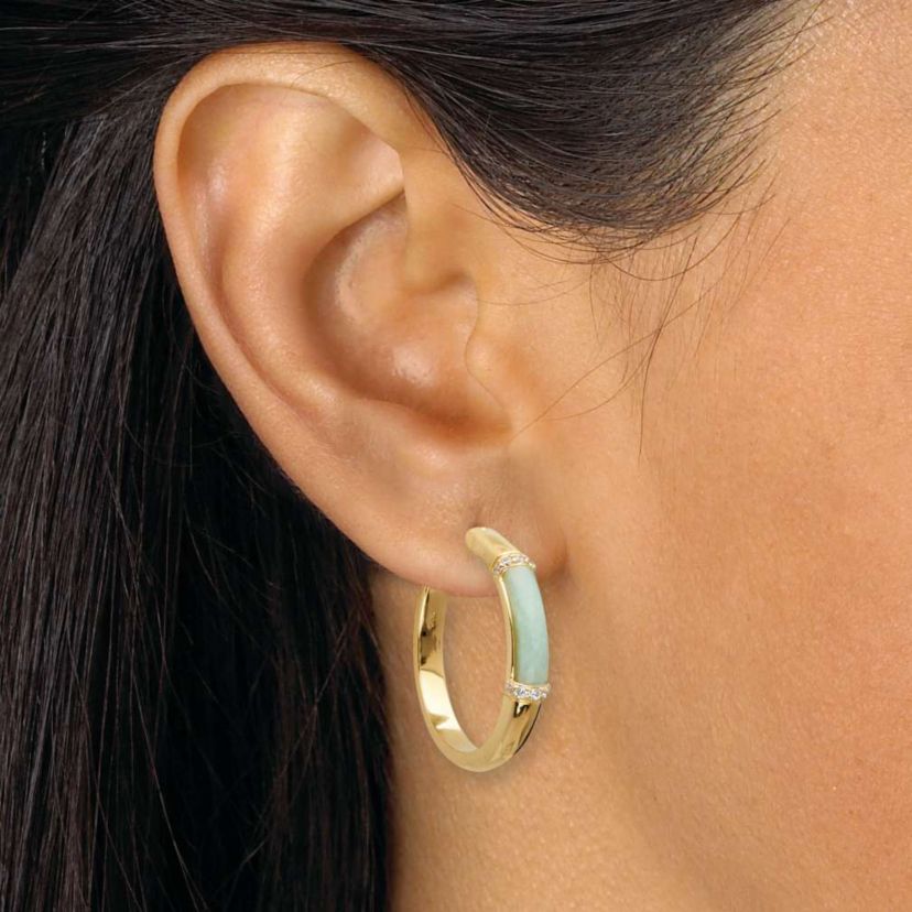 .18 TCW CZ Cabochon Cut Genuine Green Jade 18k Yellow Gold-plated Hoop Earrings