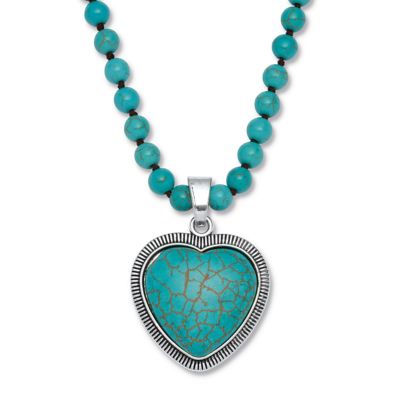 Seta Jewelry Genuine Turquoise Antiqued Silvertone Heart Pendant Necklace 34 Inch