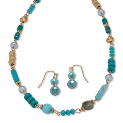 Seta Jewelry Round Genuine Turquoise Goldtone Endless Necklace and Earrings Set, 36 inches plus 3 inch extension