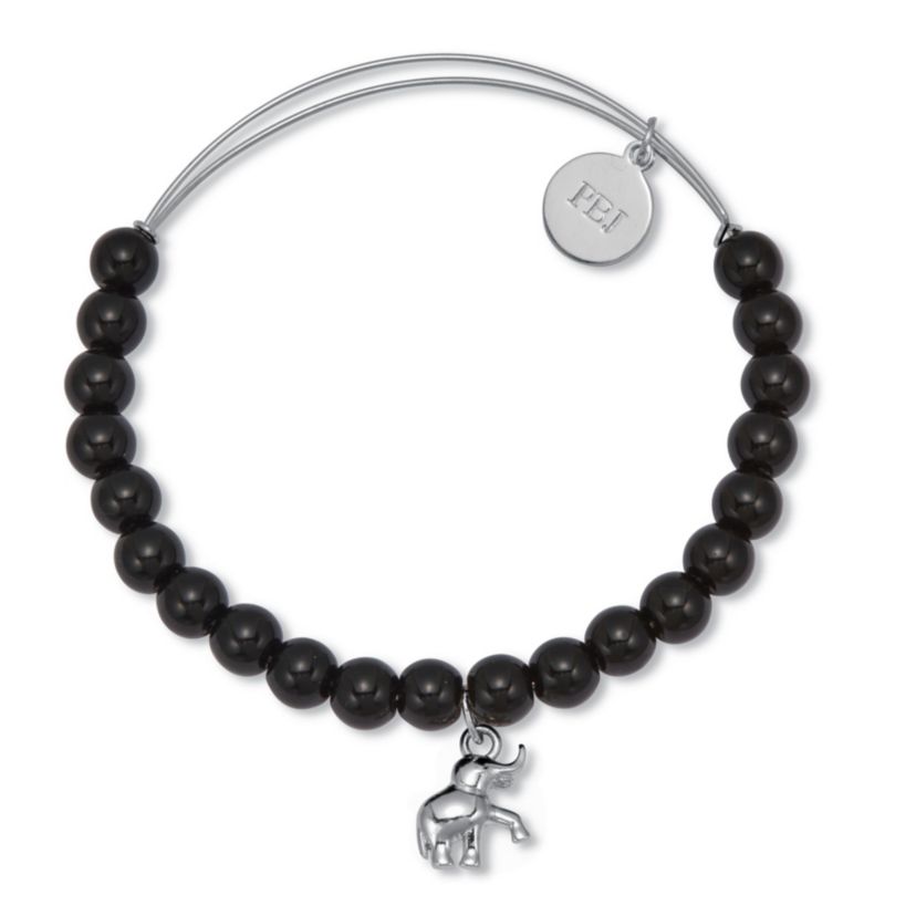 Natural Black Onyx Silvertone Elephant Charm Bangle, 7.5 Inches