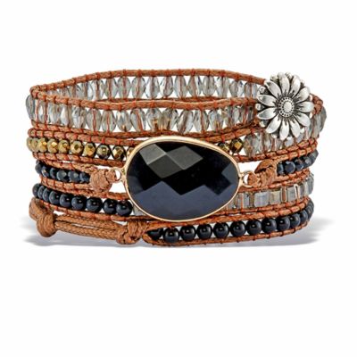 Seta Jewelry Natural Black Onyx Goldtone Wrap Bracelet 36-inch, adjustable