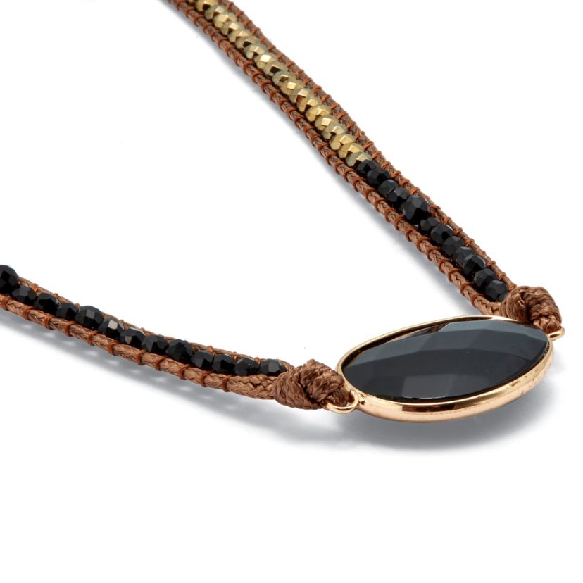 Natural Black Onyx Goldtone Wrap Bracelet 36-inch adjustable