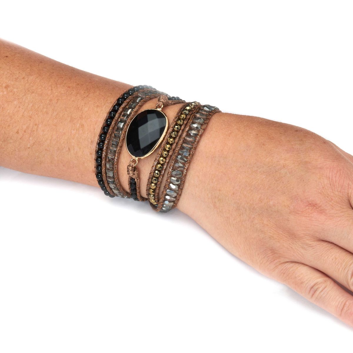 Natural Black Onyx Goldtone Wrap Bracelet 36-inch adjustable