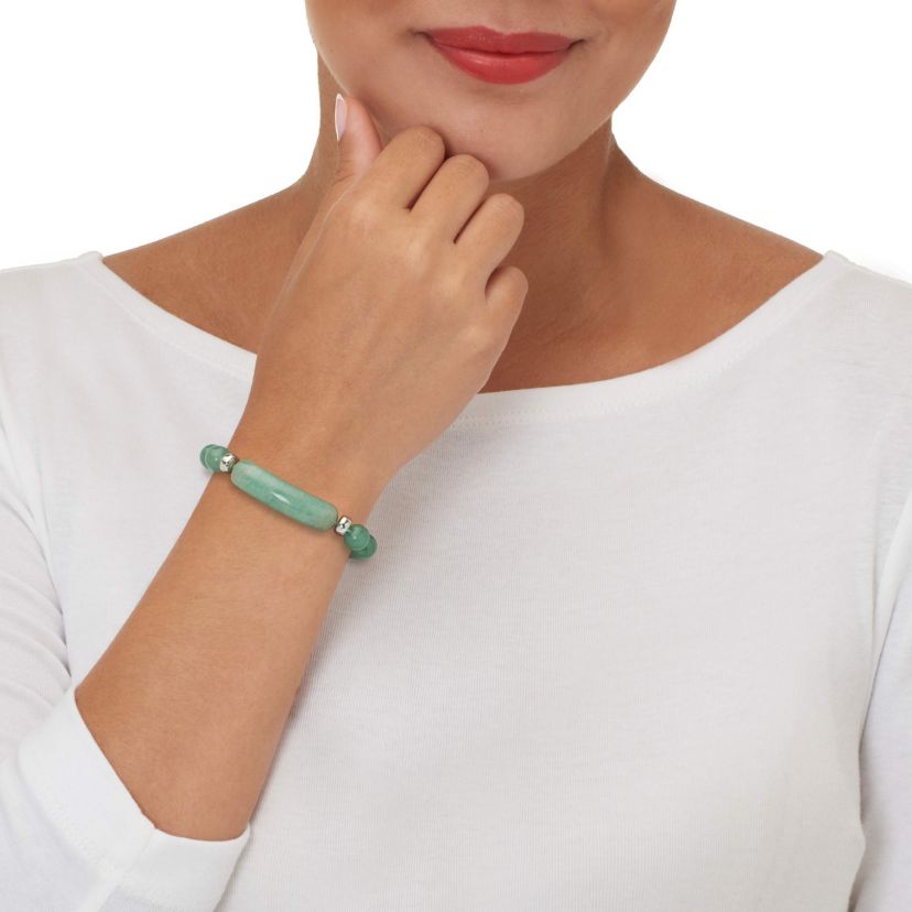 Genuine Green Aventurine Silvertone Beaded Stretch Bracelet 7-inch Length