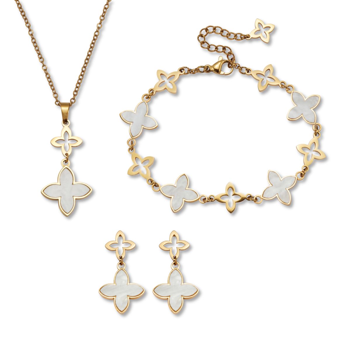 Genuine Mother of Pearl Gold Ion-Plated Stainless Steel Clover Jewelry Set