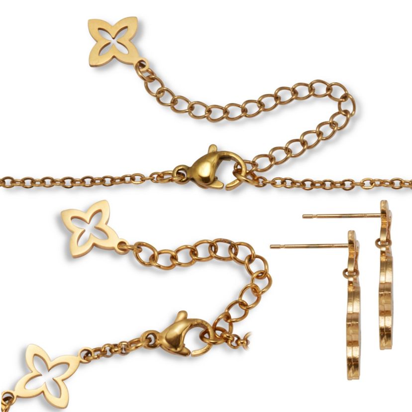 Genuine Mother of Pearl Gold Ion-Plated Stainless Steel Clover Jewelry Set