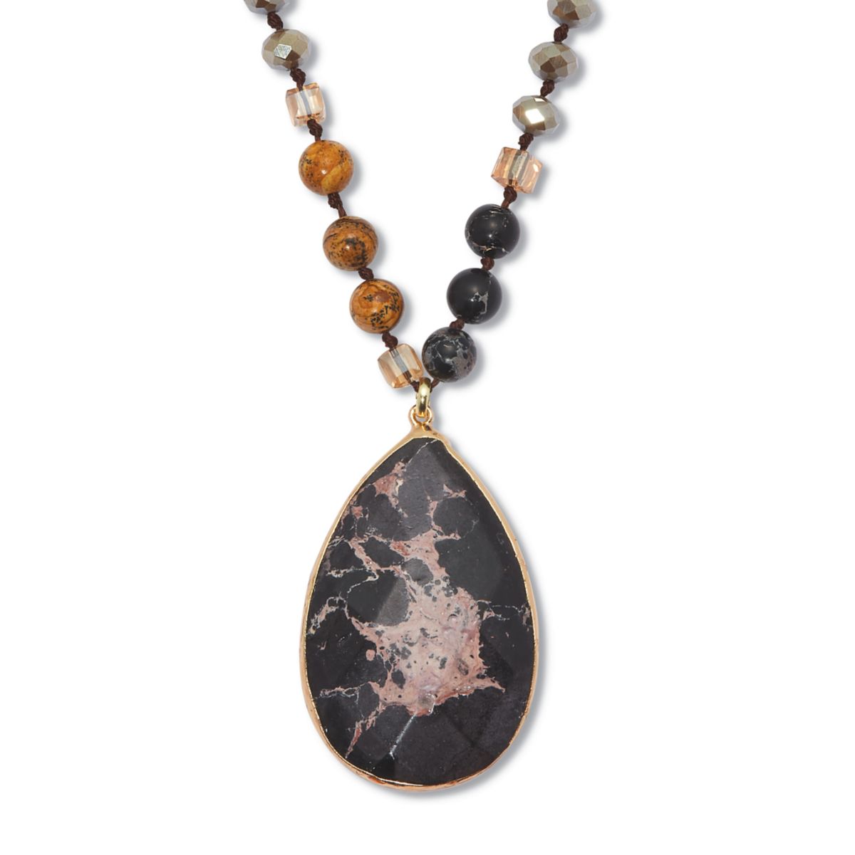 Genuine Black Howlite and Brown Jasper Goldtone Necklace 34-inch