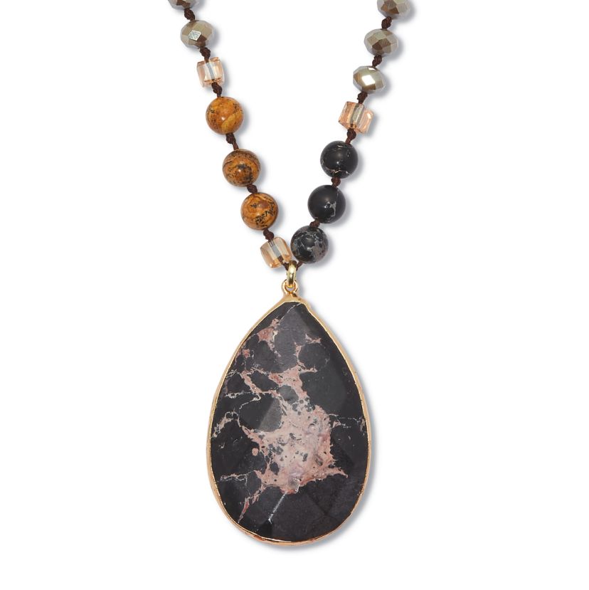 Genuine Black Howlite and Brown Jasper Goldtone Necklace 34-inch