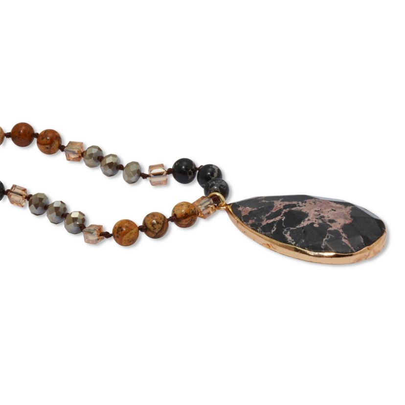 Genuine Black Howlite and Brown Jasper Goldtone Necklace 34-inch