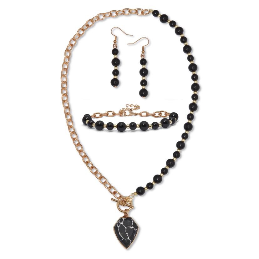 Genuine Black Howlite and Onyx Goldtone Beaded Necklace Set 18-inch