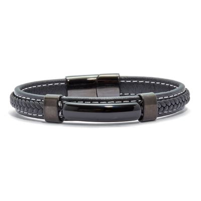 Seta Jewelry Men's Genuine Black Onyx Black Ruthenium-Plated Braided Leather Bracelet 9"