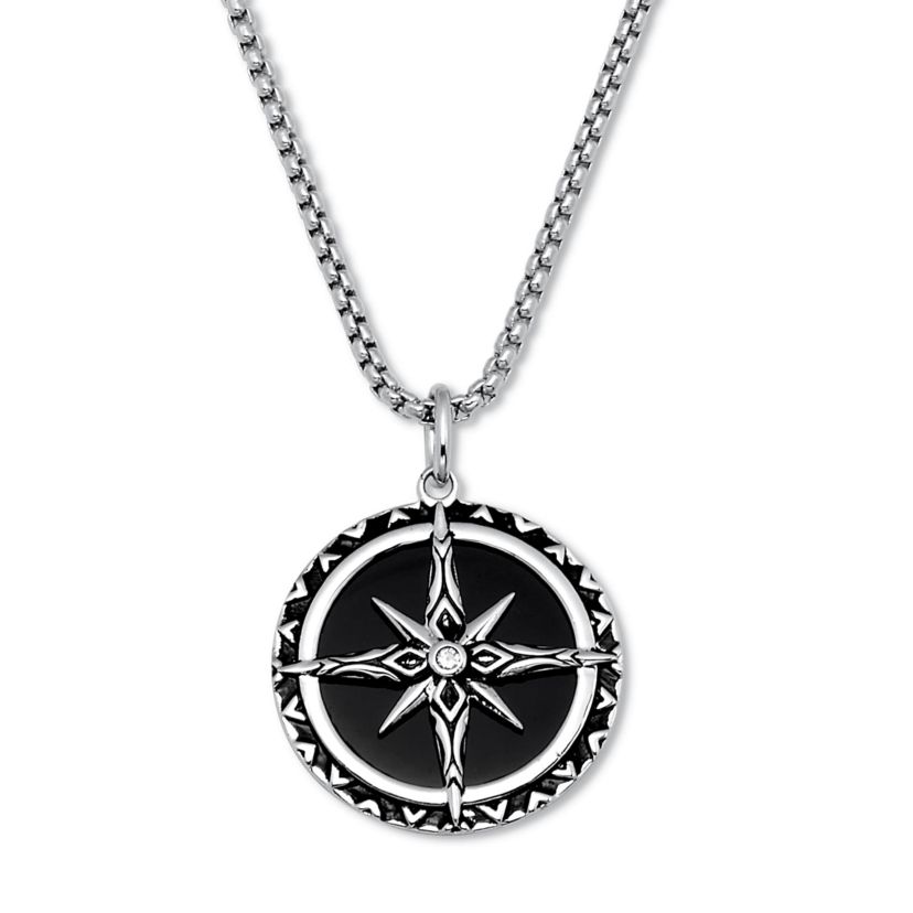 Round Genuine Black Onyx and Spinel Silvertone Pendant Necklace 24-inch