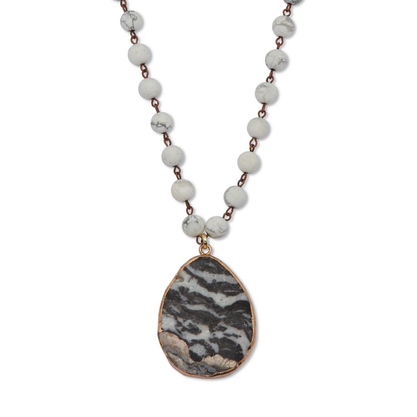 Genuine Grey Agate and Howlite Goldtone Pendant Necklace 34-inch