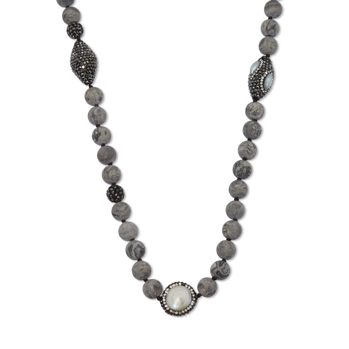 Round Genuine Pearl and Jasper Silvertone Beaded Necklace 34-inch