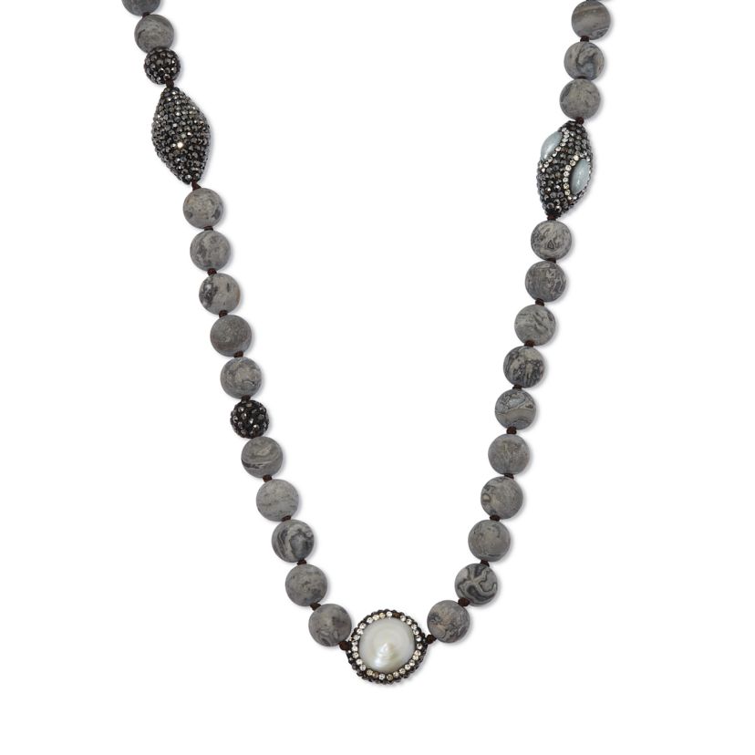 Round Genuine Pearl and Jasper Silvertone Beaded Necklace 34-inch
