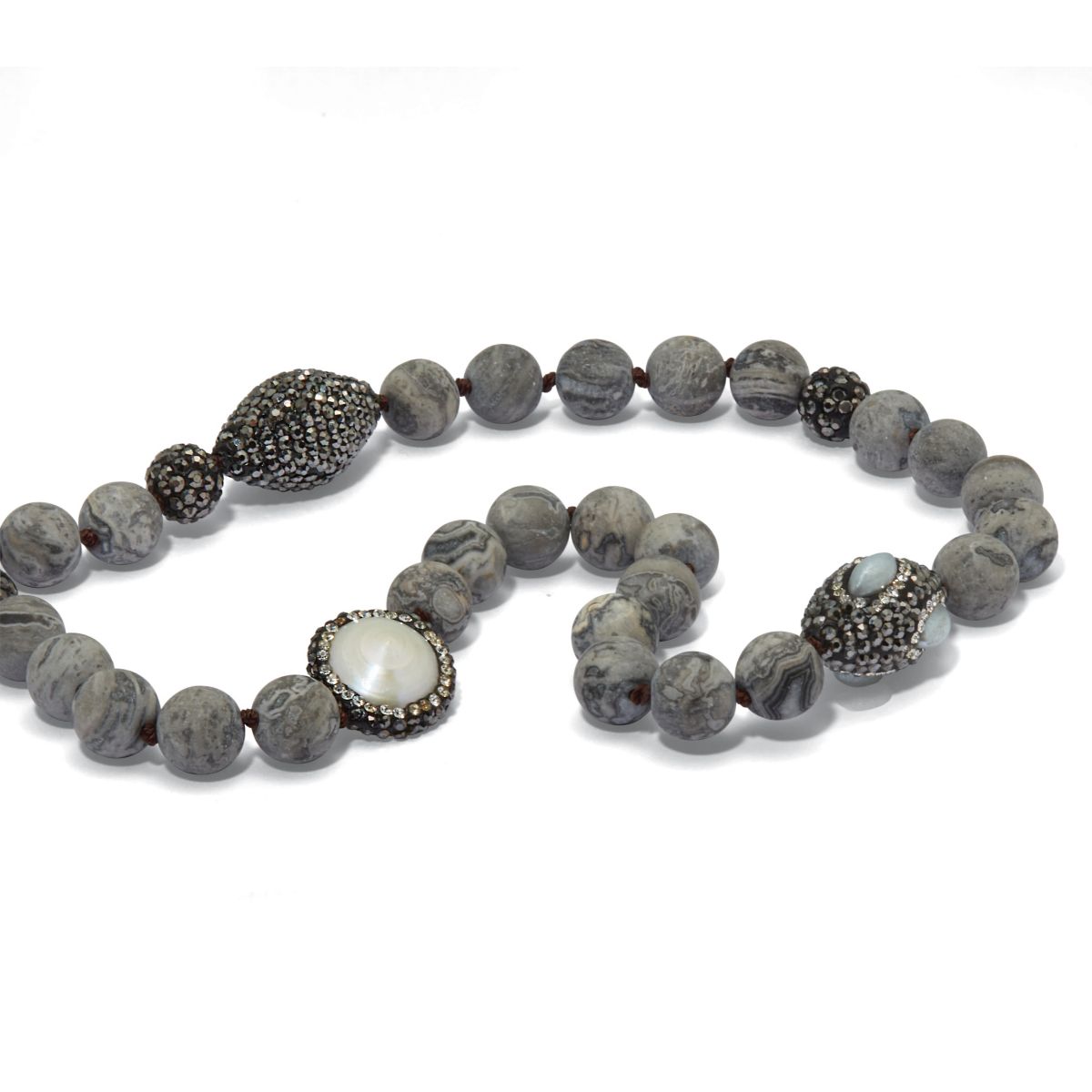 Round Genuine Pearl and Jasper Silvertone Beaded Necklace 34-inch