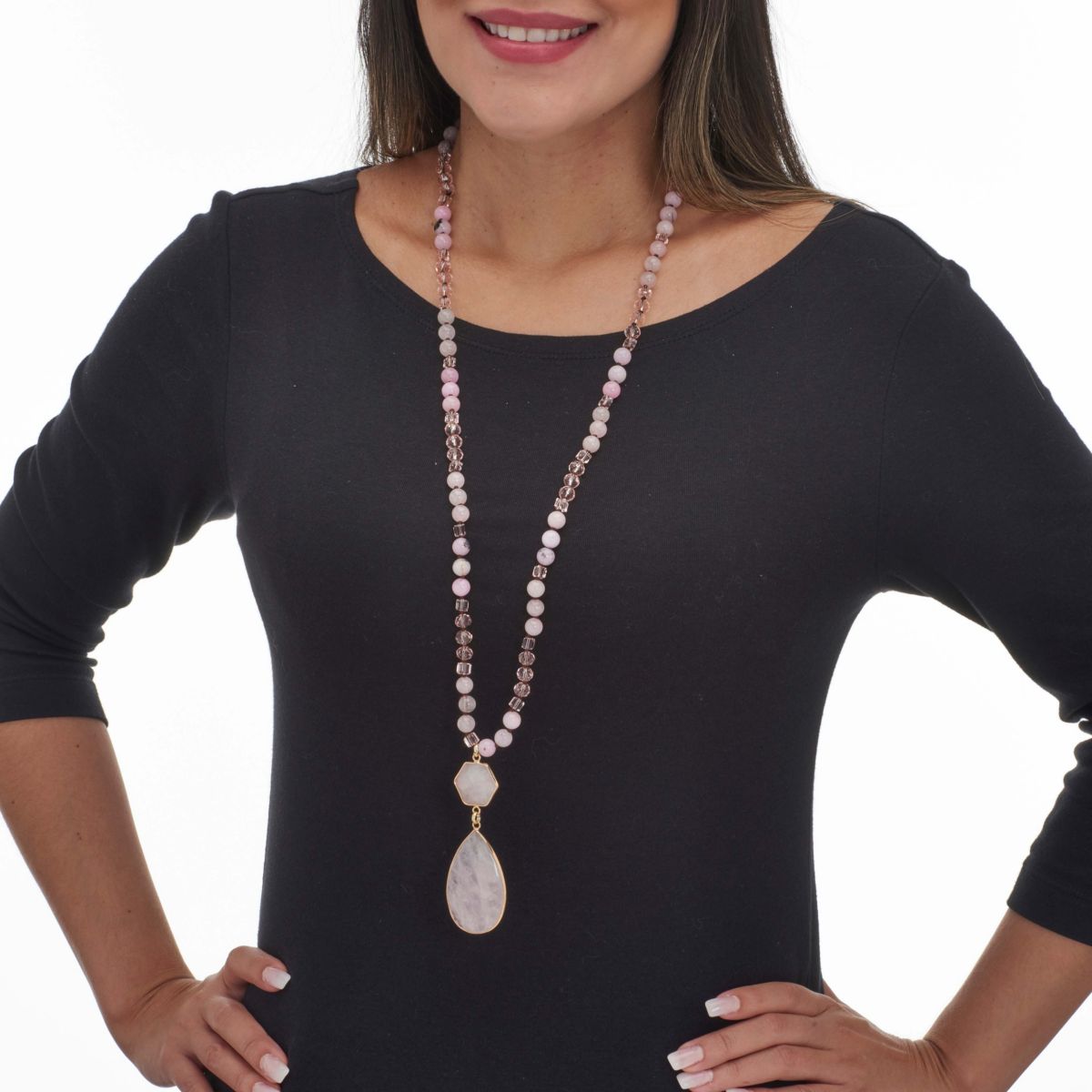 130.05 TCW Genuine Rose Quartz Beaded Goldtone Drop Necklace 34-inch