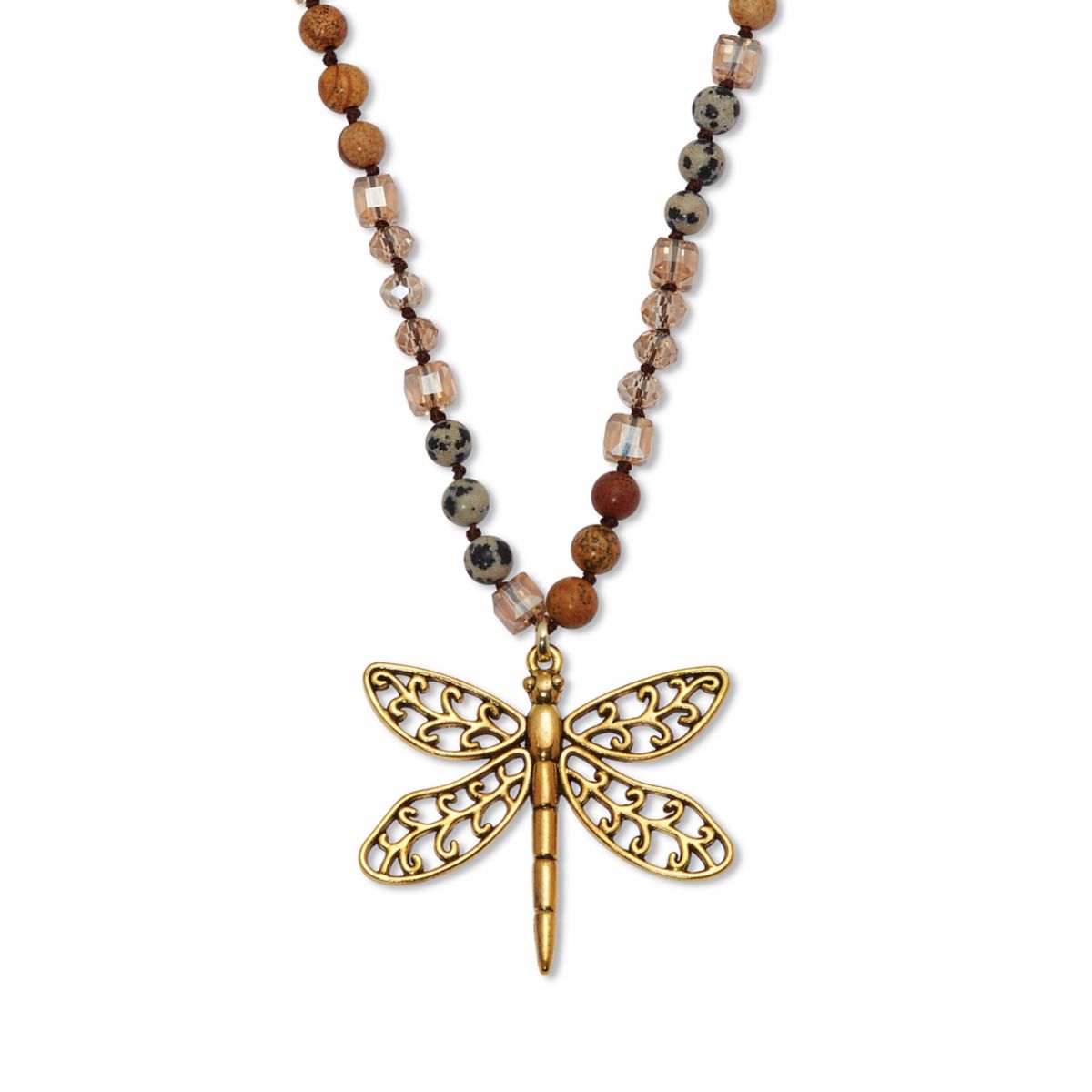 Round Genuine Jasper Goldtone Dragonfly Pendant Necklace 34-inch